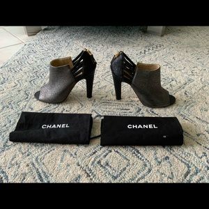 Chanel Open Toe Crackle CC Zipper Booties 38.5